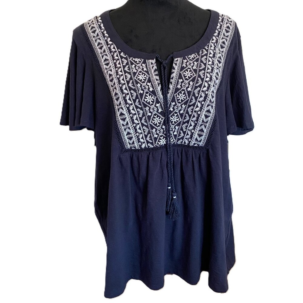 Lane Bryant SZ 18/20 Navy Blue Embroidered Front Tassels Women's Flared Top